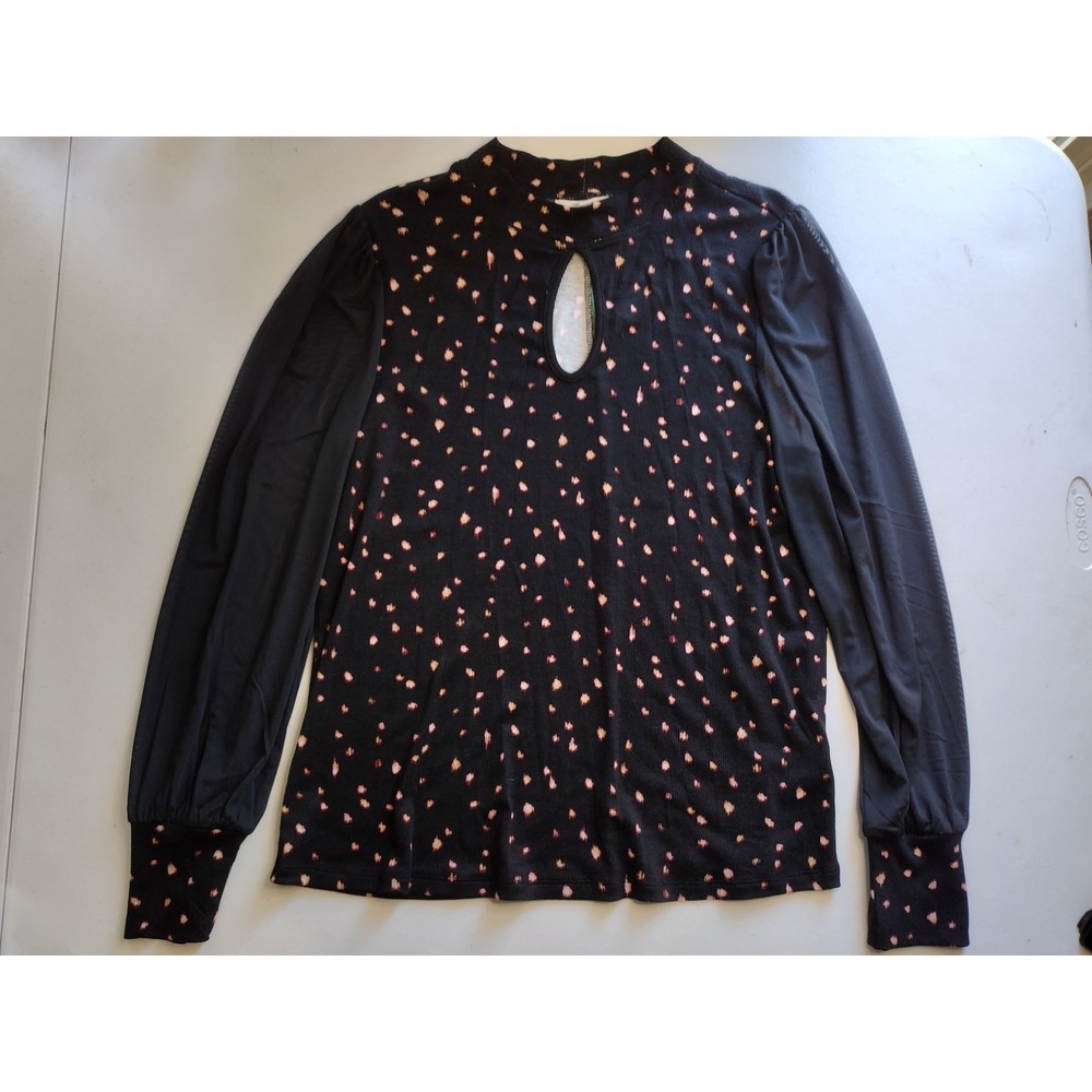 Maurices Womens Black Pink Dot Mock Neck Keyhole Sheer‎ Mesh Sleeve Top Size M